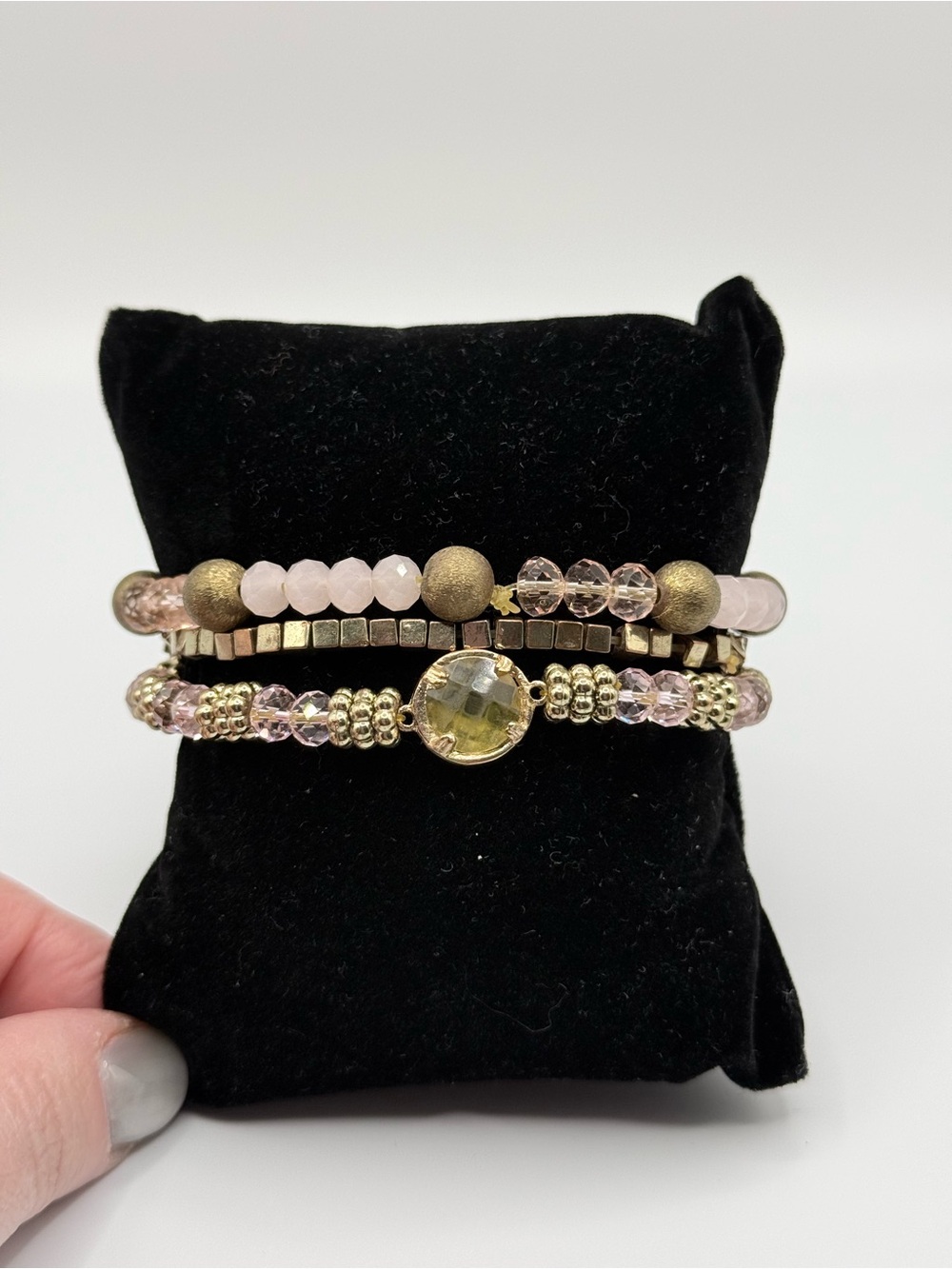Gold and Blush Multi-Strand Elastic Beaded Bracelet Set